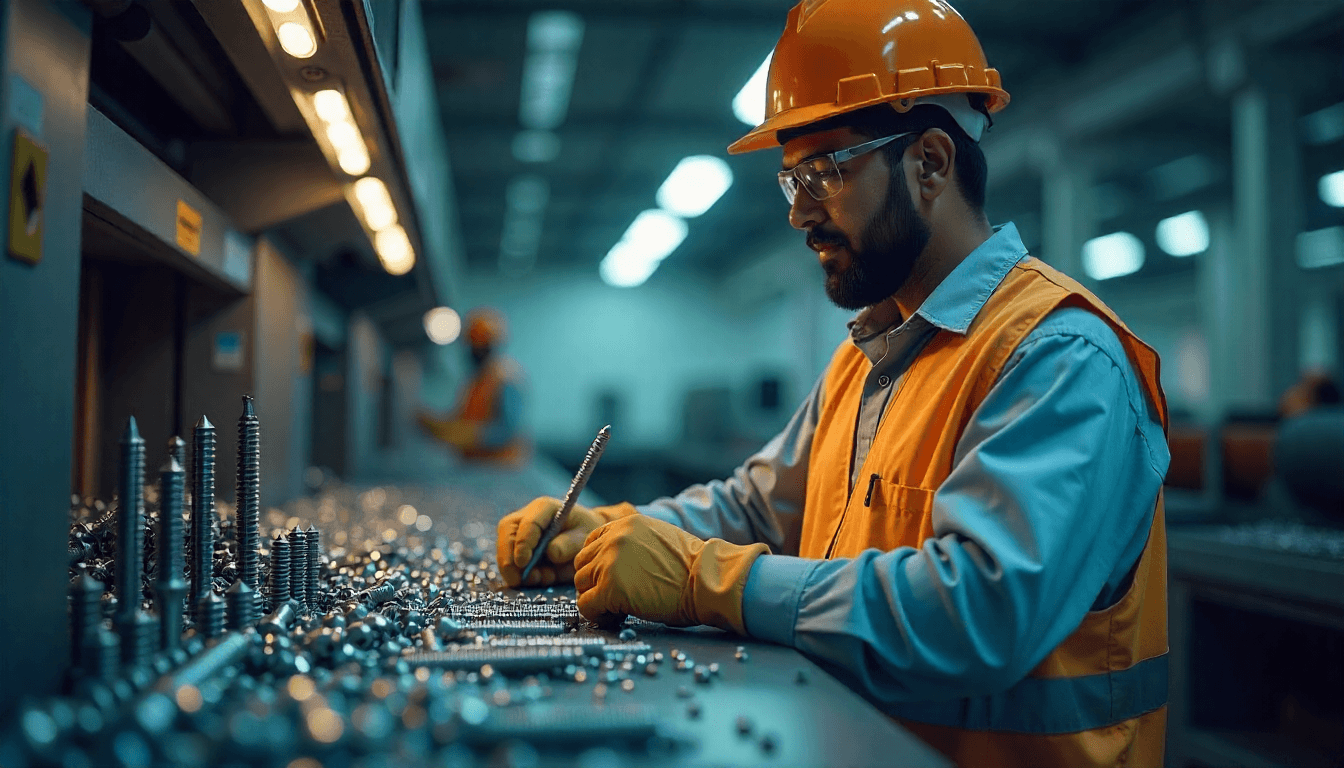 Construction worker using modern fastening technology in industrial setting